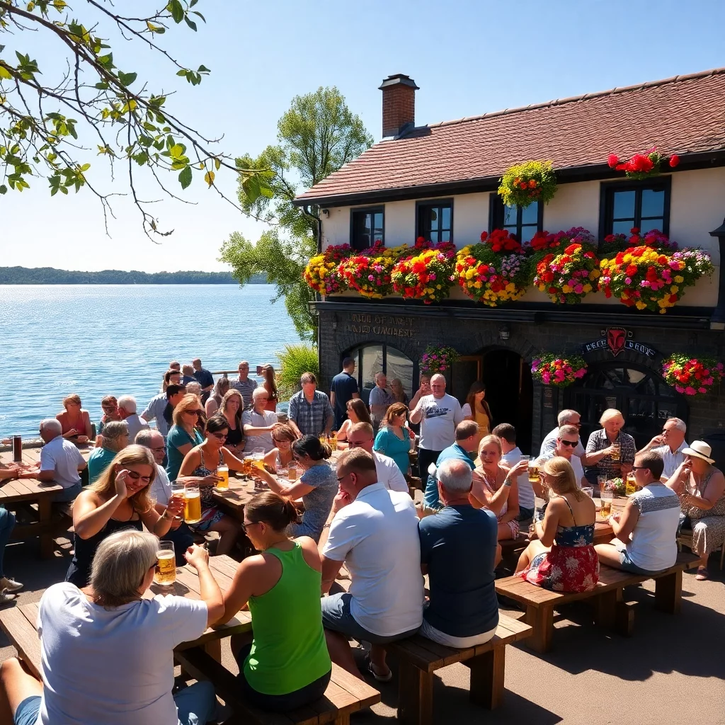 Biergarten am See im Sommer