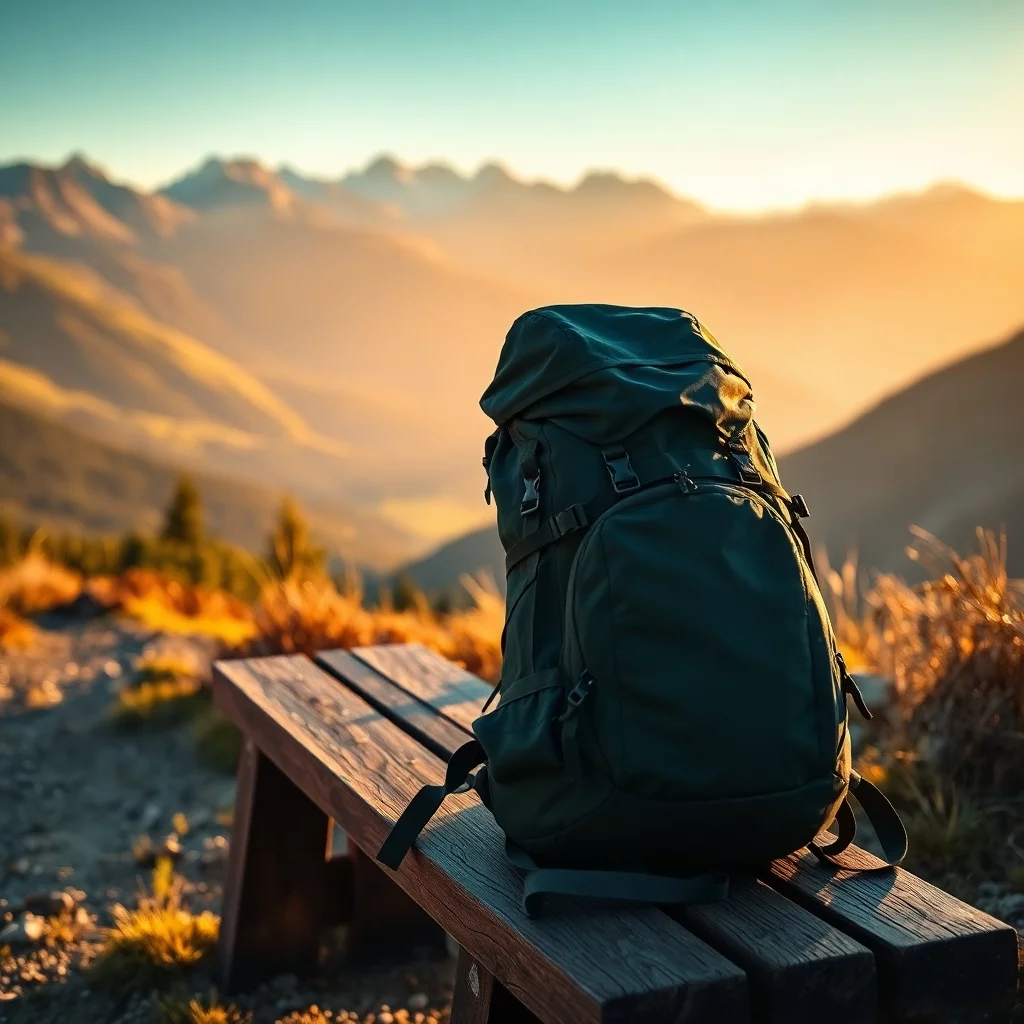ein wanderrucksack auf einer bank auf einem wanderweg. im hintergrund