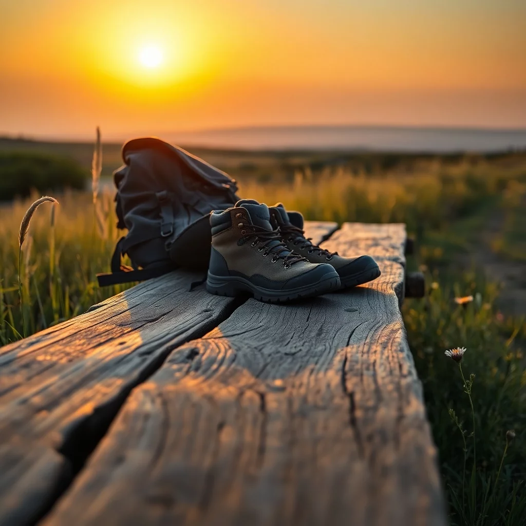 eine alte holzbank mit wanderstiefeln, einem rucksack, untergehende sonne im