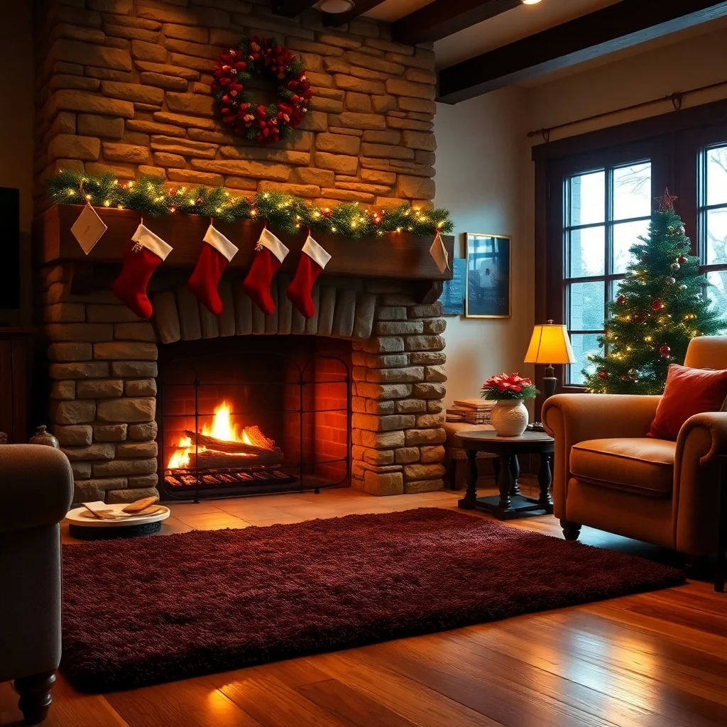 Gemütliches Wohnzimmer mit Nikolausstiefeln am Kamin