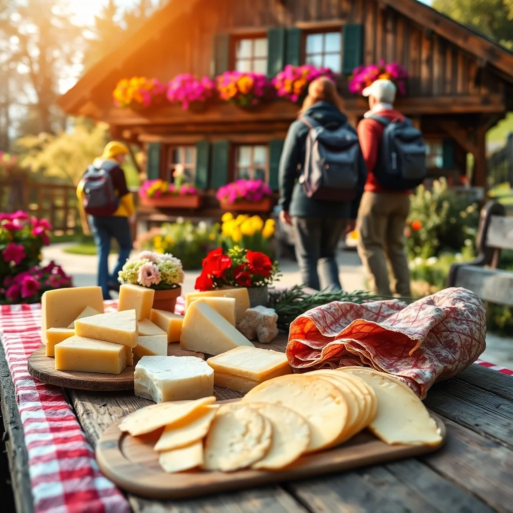 Holztisch mit Brotzeit aus Käse, speck und mit rotweiskarierter tischdecke.