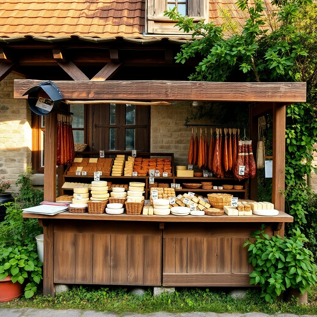 marktstand aus holz vor einem alten haus mit käse und