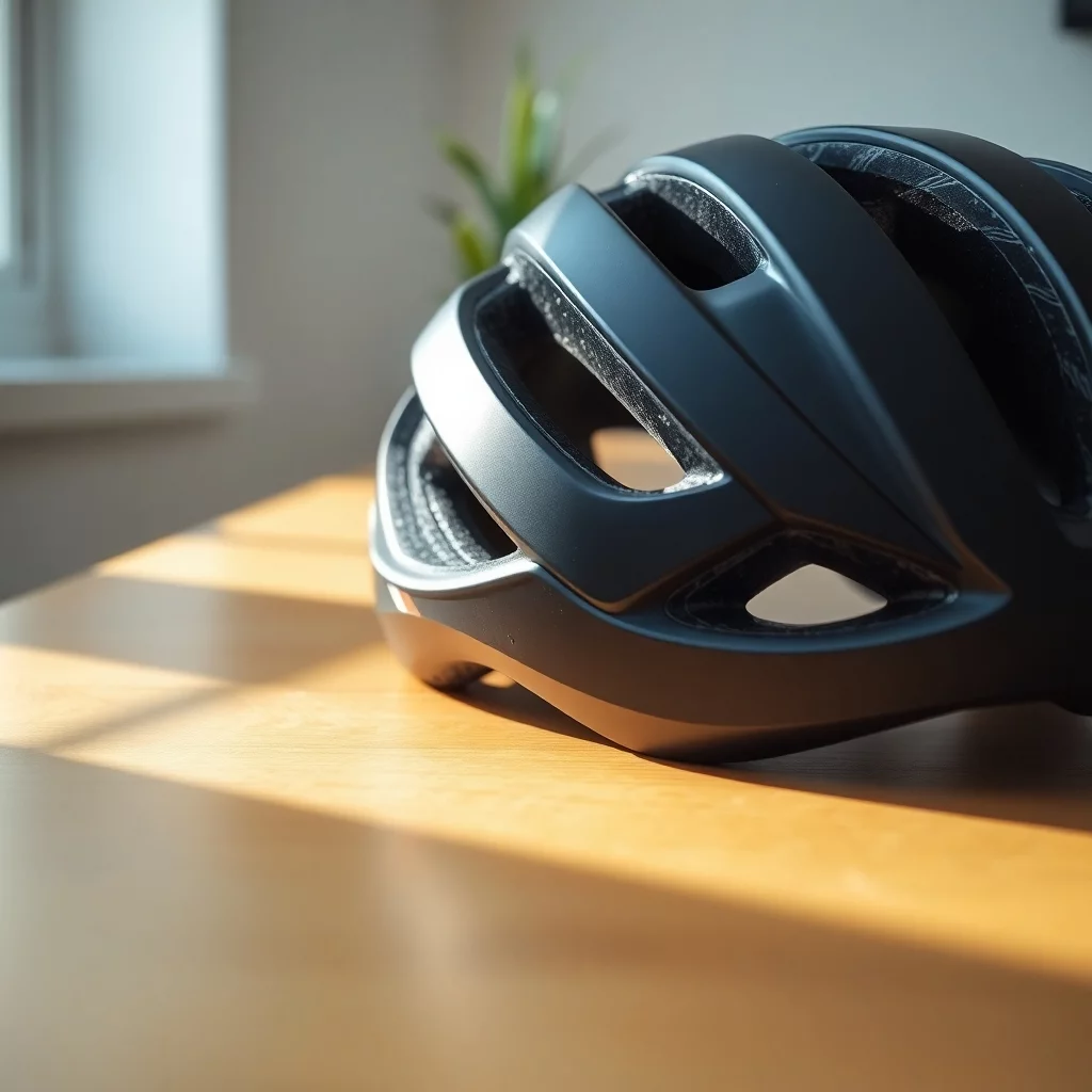 Moderner Fahrradhelm auf Holztisch