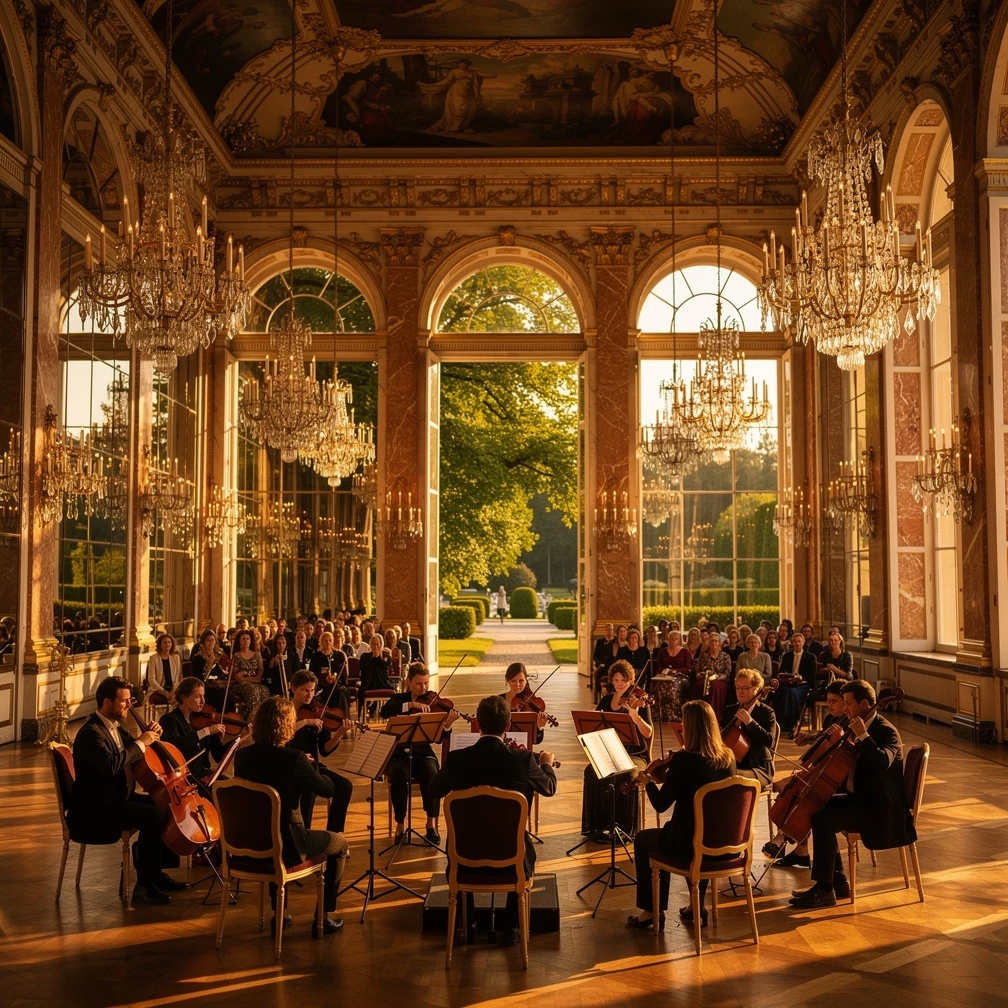 Schloss Herrenchiemsee, Spiegelsaal während eines Konzerts, feierlich gekleidetes Publikum, sommerliche