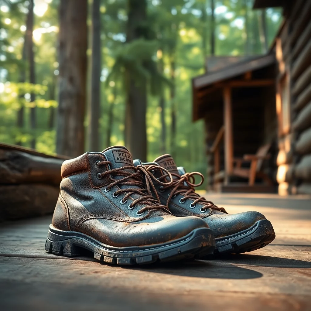 Wanderschuhe auf Waldhütte-Veranda