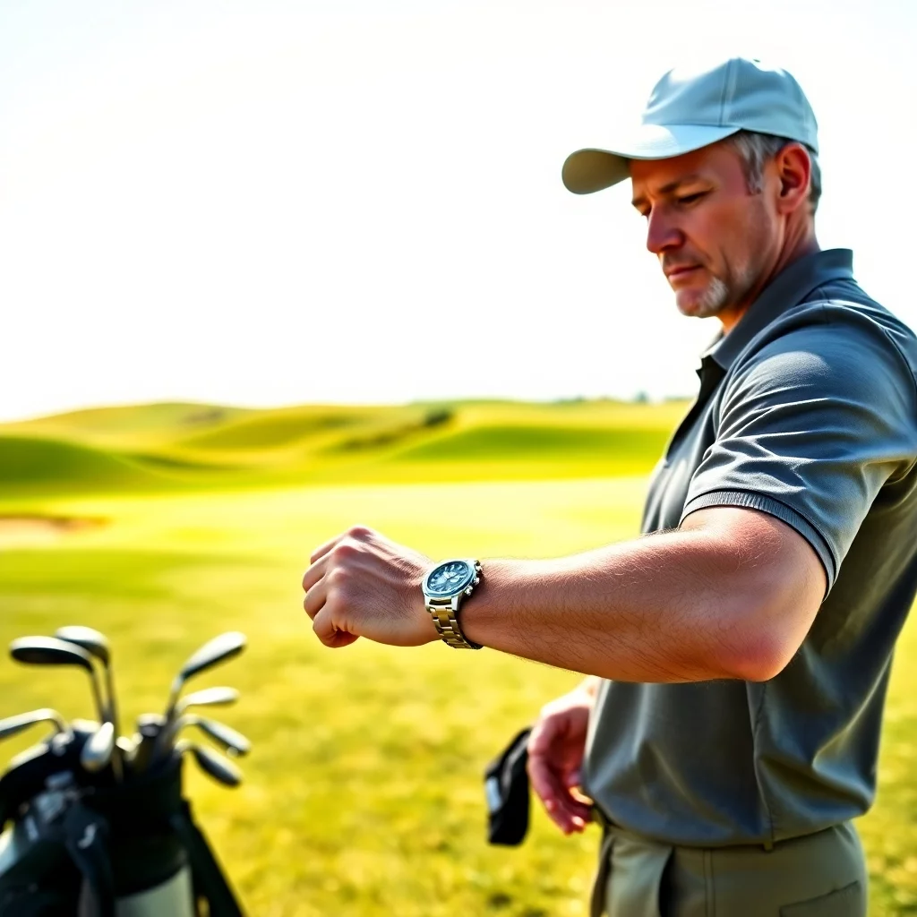 Mann betrachtet seine Uhr beim Golfspielen