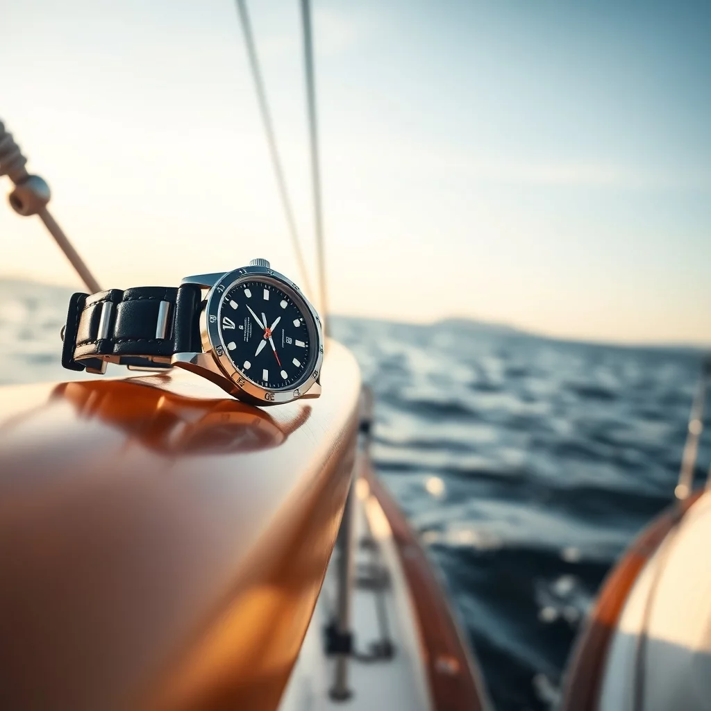 Uhr liegt auf der Reling beim segeln